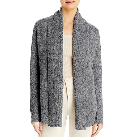 New White + Warren 100% Cashmere Open Front Ribbed Cardigan in Gray Mela… - Picture 1 of 10